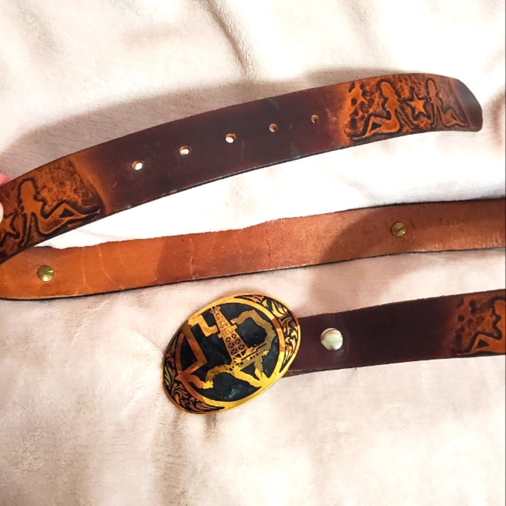 Vintage Leather Trucker Flap Girls Belt TX Buckle